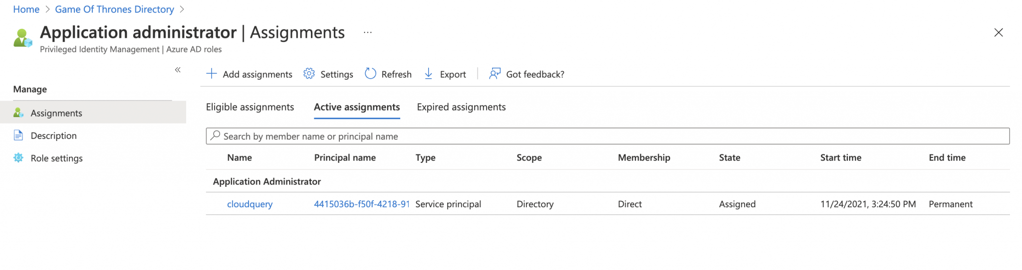 Add the main service to the Application Administrator role